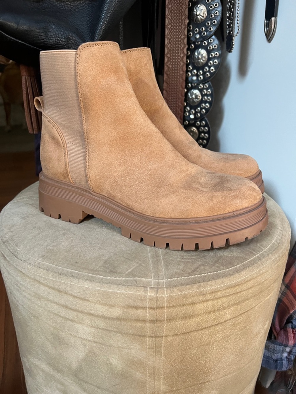 Nine West Tan Suede Chelsea Lug Booties